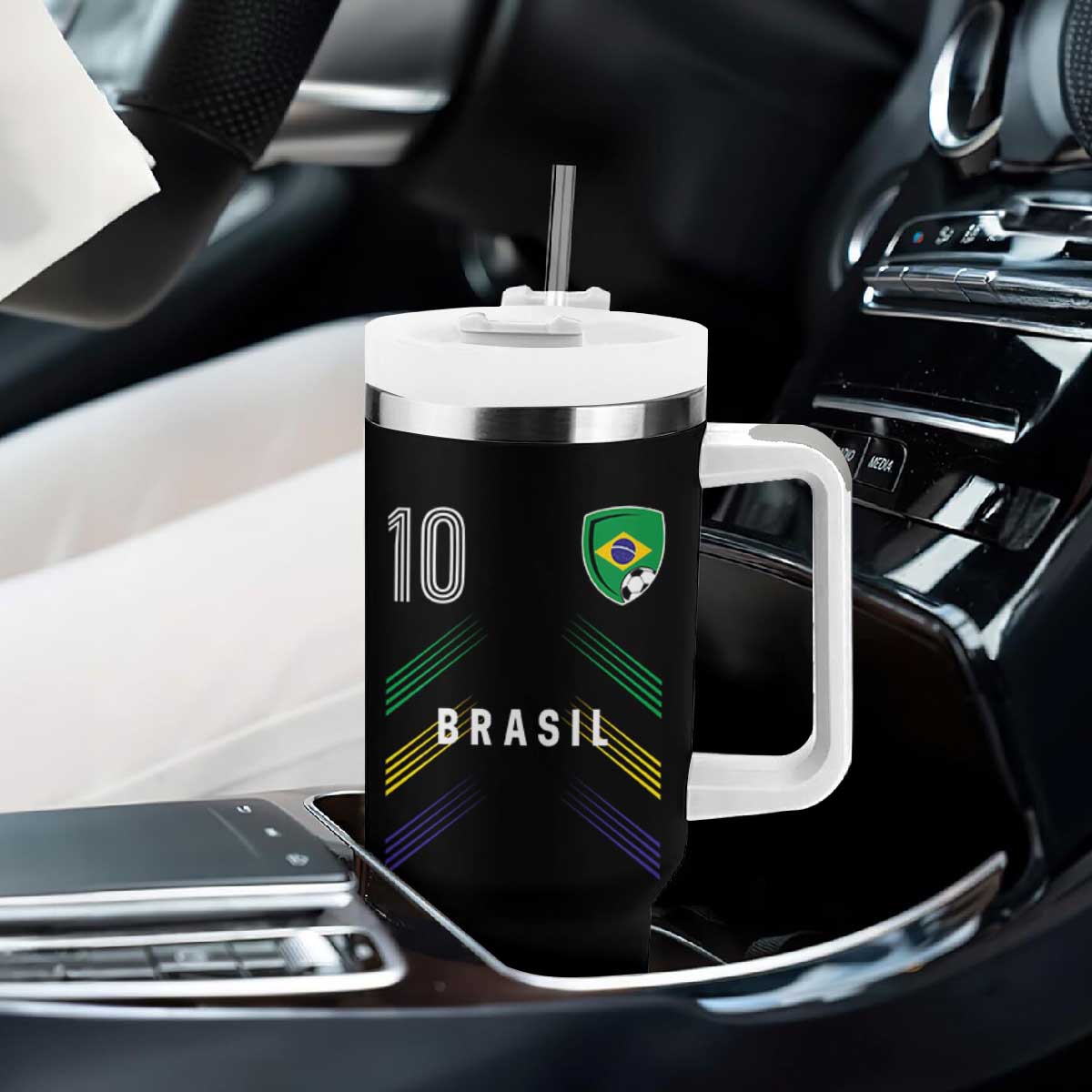 Brasil Number 10 Soccer Shield Graphic Jersey Style Tumbler With Handle Retro Futbol Football Fans Sports Lover