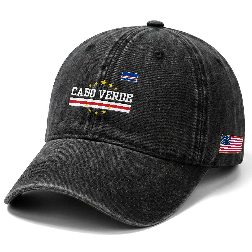 Cabo Verde Athletic Varsity Style Washed Cotton Baseball Cap Cape Verde Flag Stars National Pride