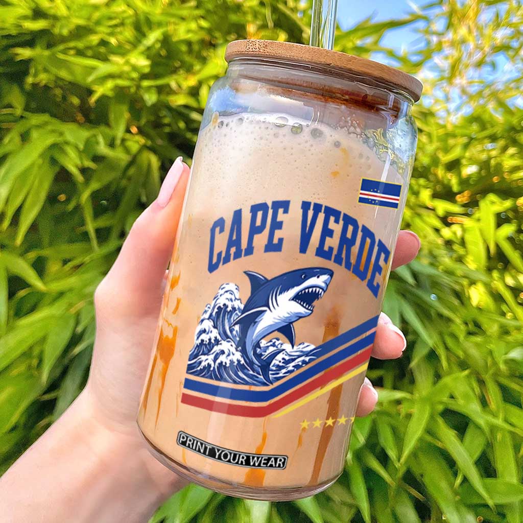 Cape Verde Blue Sharks Ocean Wave Graphic Glass Can Cabo Verde Pride Sports Fans