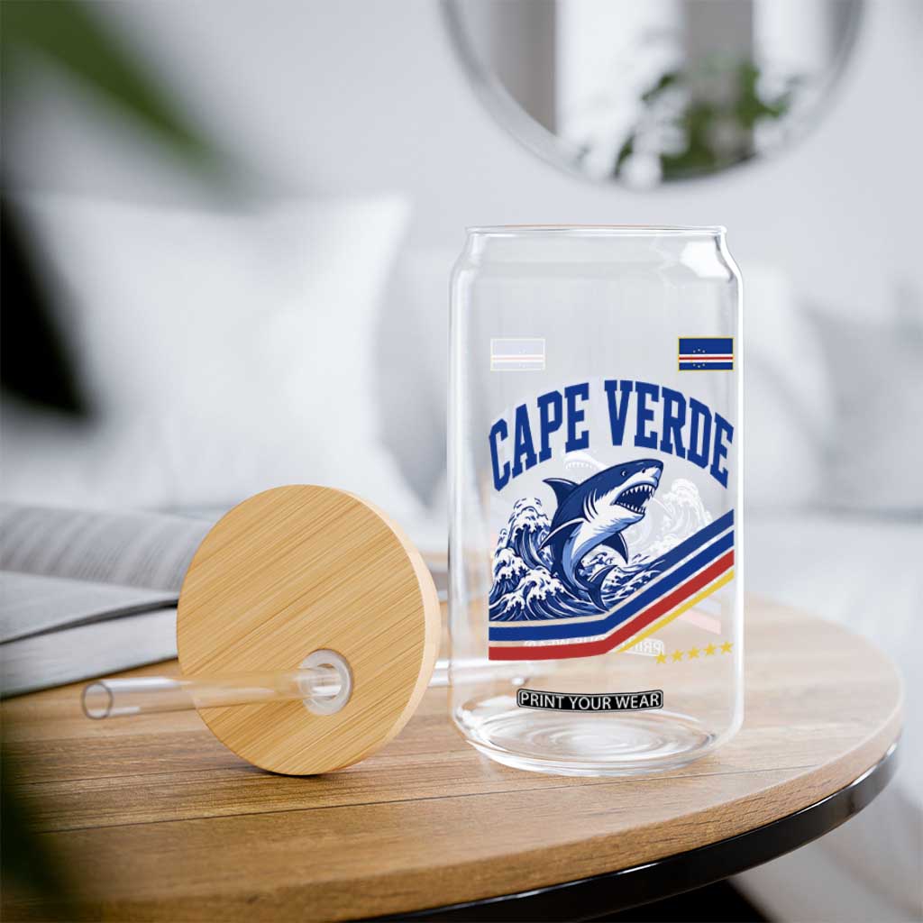 Cape Verde Blue Sharks Ocean Wave Graphic Glass Can Cabo Verde Pride Sports Fans