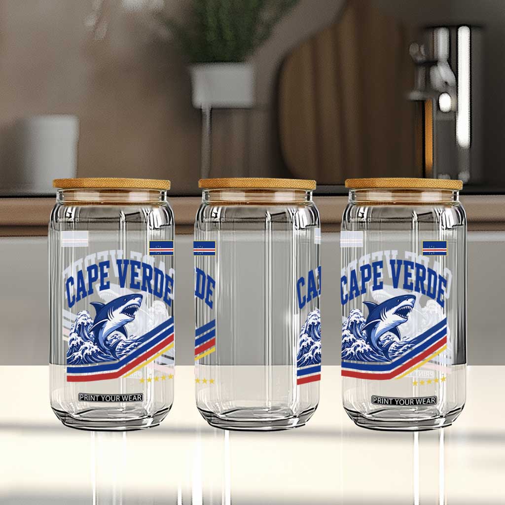 Cape Verde Blue Sharks Ocean Wave Graphic Glass Can Cabo Verde Pride Sports Fans