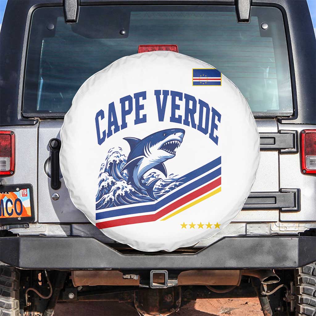 Cape Verde Blue Sharks Ocean Wave Graphic Spare Tire Cover Cabo Verde Pride Sports Fans TS02 No hole White Print Your Wear