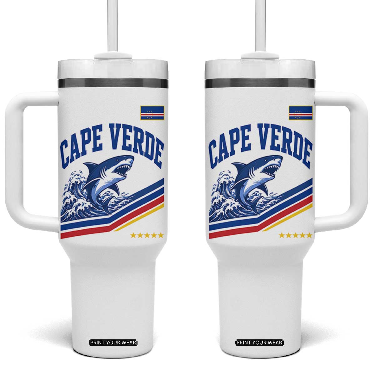 Cape Verde Blue Sharks Ocean Wave Graphic Tumbler With Handle Cabo Verde Pride Sports Fans