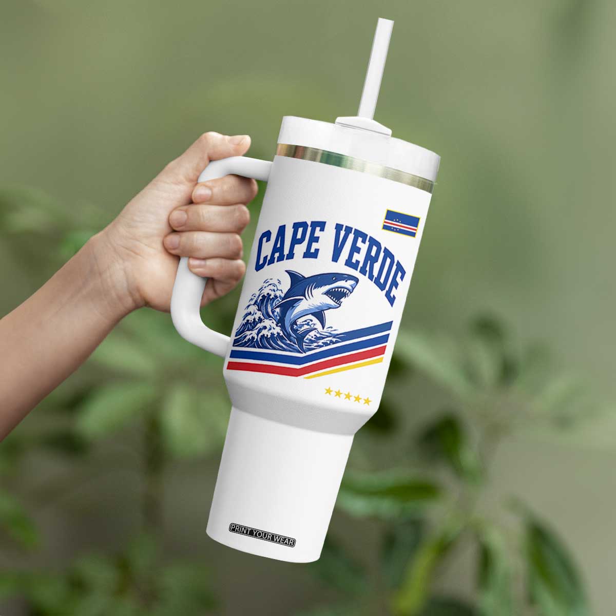 Cape Verde Blue Sharks Ocean Wave Graphic Tumbler With Handle Cabo Verde Pride Sports Fans