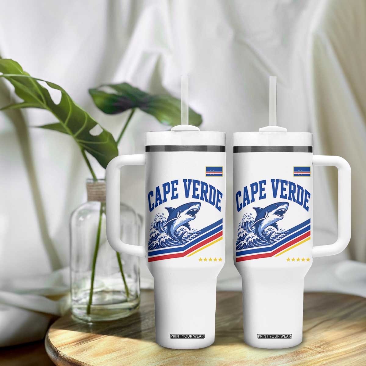 Cape Verde Blue Sharks Ocean Wave Graphic Tumbler With Handle Cabo Verde Pride Sports Fans