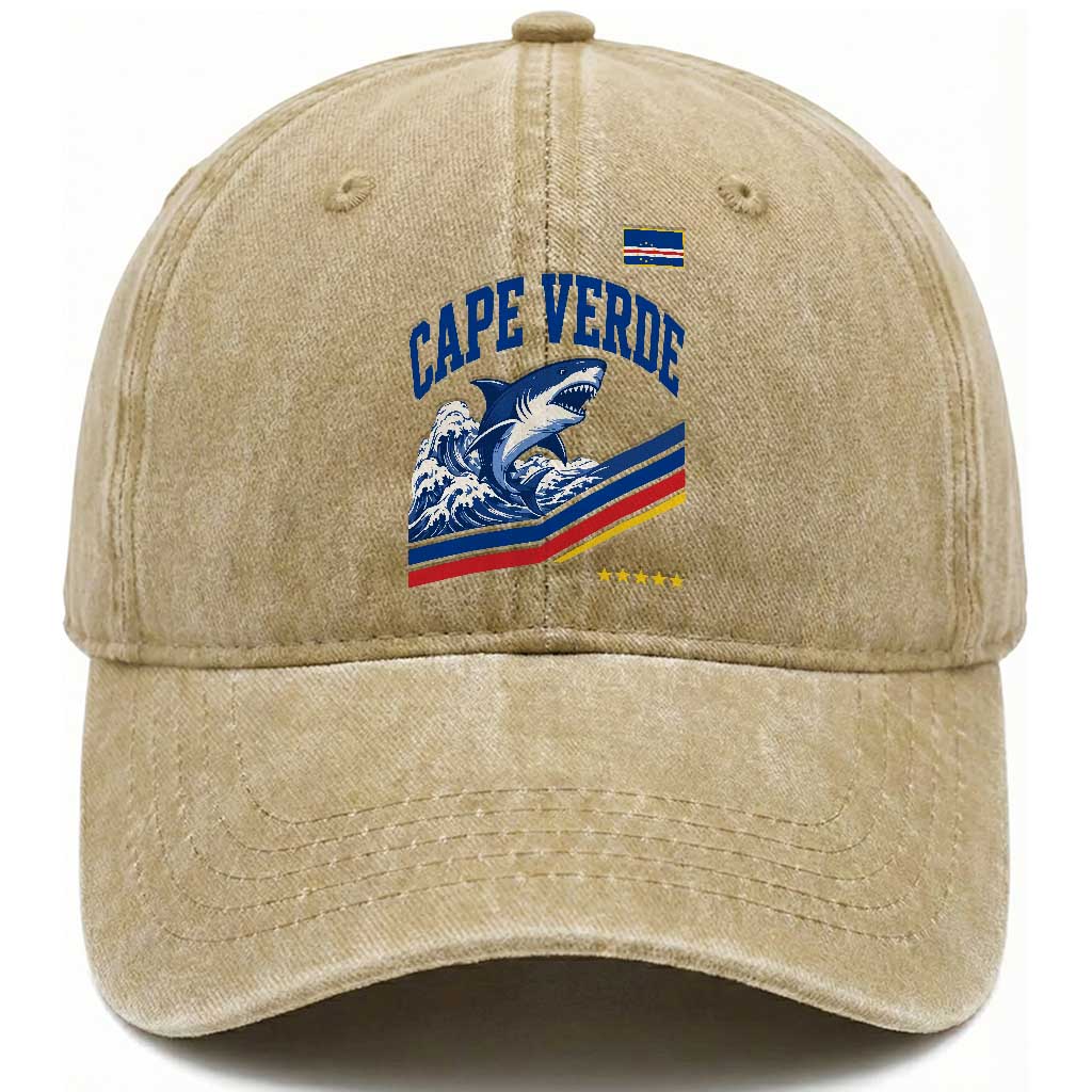 Cape Verde Blue Sharks Ocean Wave Graphic Washed Cotton Baseball Cap Cabo Verde Pride Sports Fans TS02 Print Your Wear