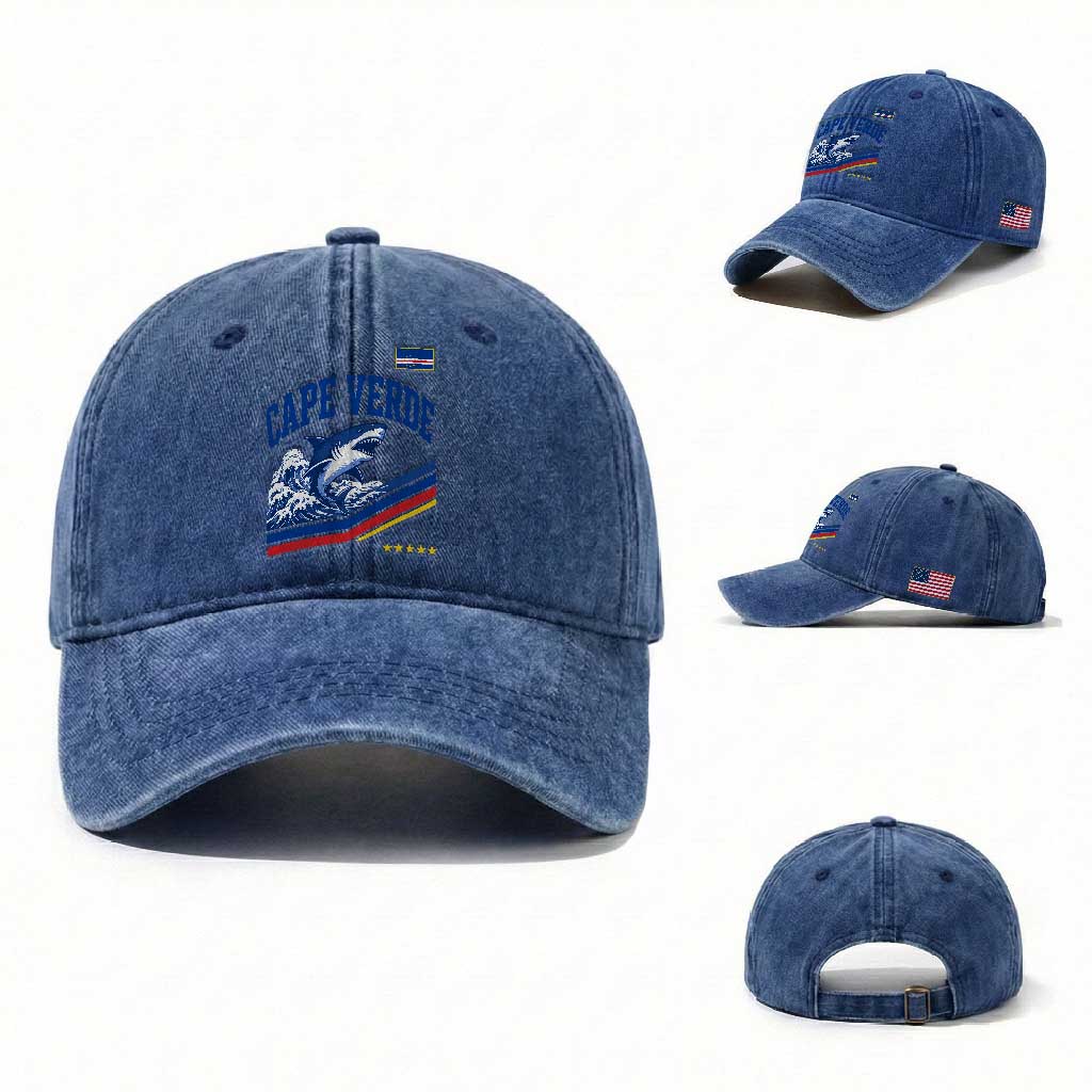 Cape Verde Blue Sharks Ocean Wave Graphic Washed Cotton Baseball Cap Cabo Verde Pride Sports Fans