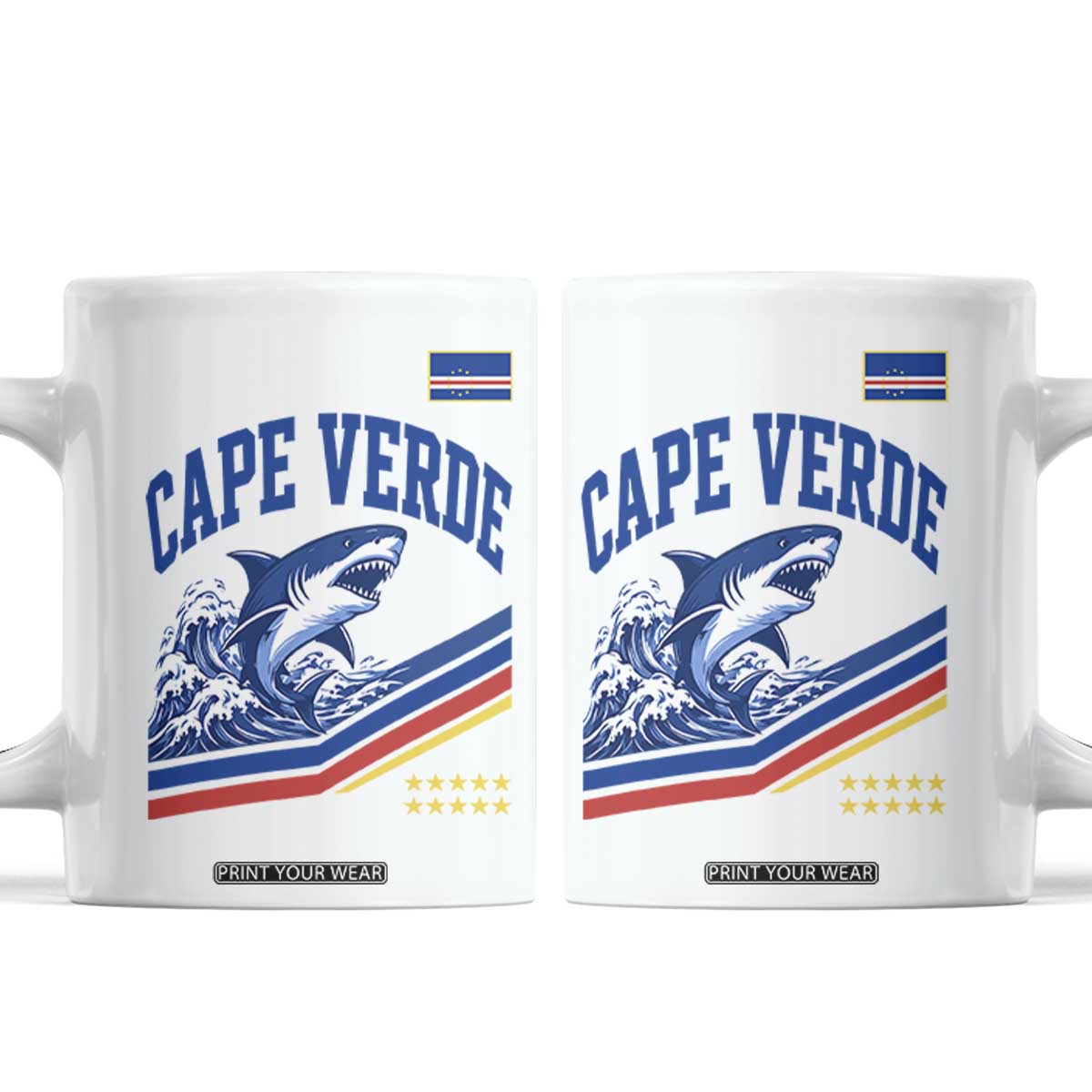 Cape Verde Blue Sharks Ocean Wave Graphic Coffee Mug Cabo Verde Pride Sports Fans TS02 White Print Your Wear