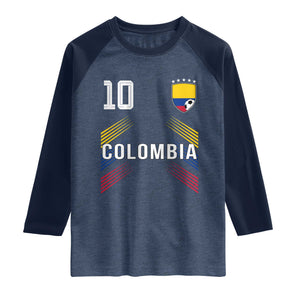Colombia Soccer Sports Graphic Number 10 Jersey Style Raglan Shirt Proud Colombian Football Fans Game Day Pride TS02 Heather Denim Navy Print Your Wear