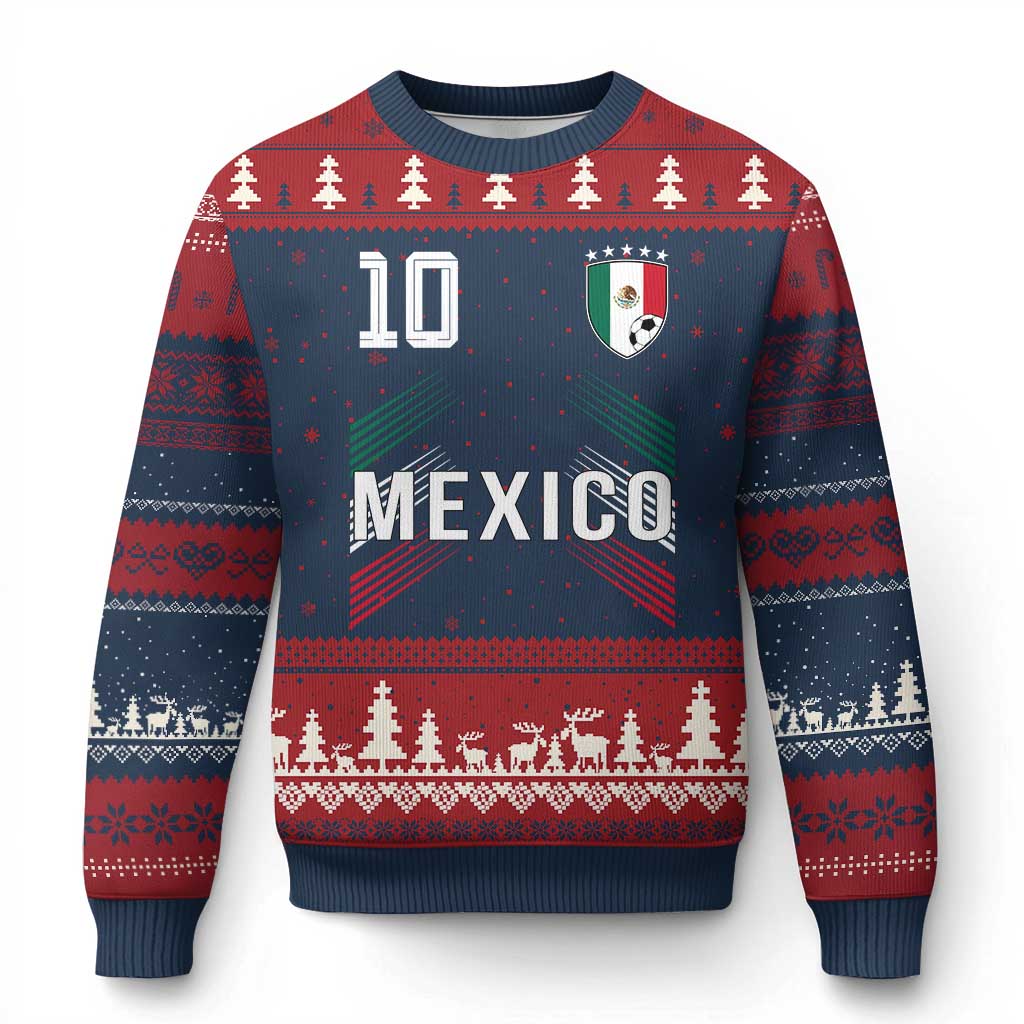 Mexico Soccer Sports Graphic Number 10 Jersey Style Ugly Christmas Sweater Proud Mexican Football Fans Game Day Pride TS02 Navy Red Print Your Wear