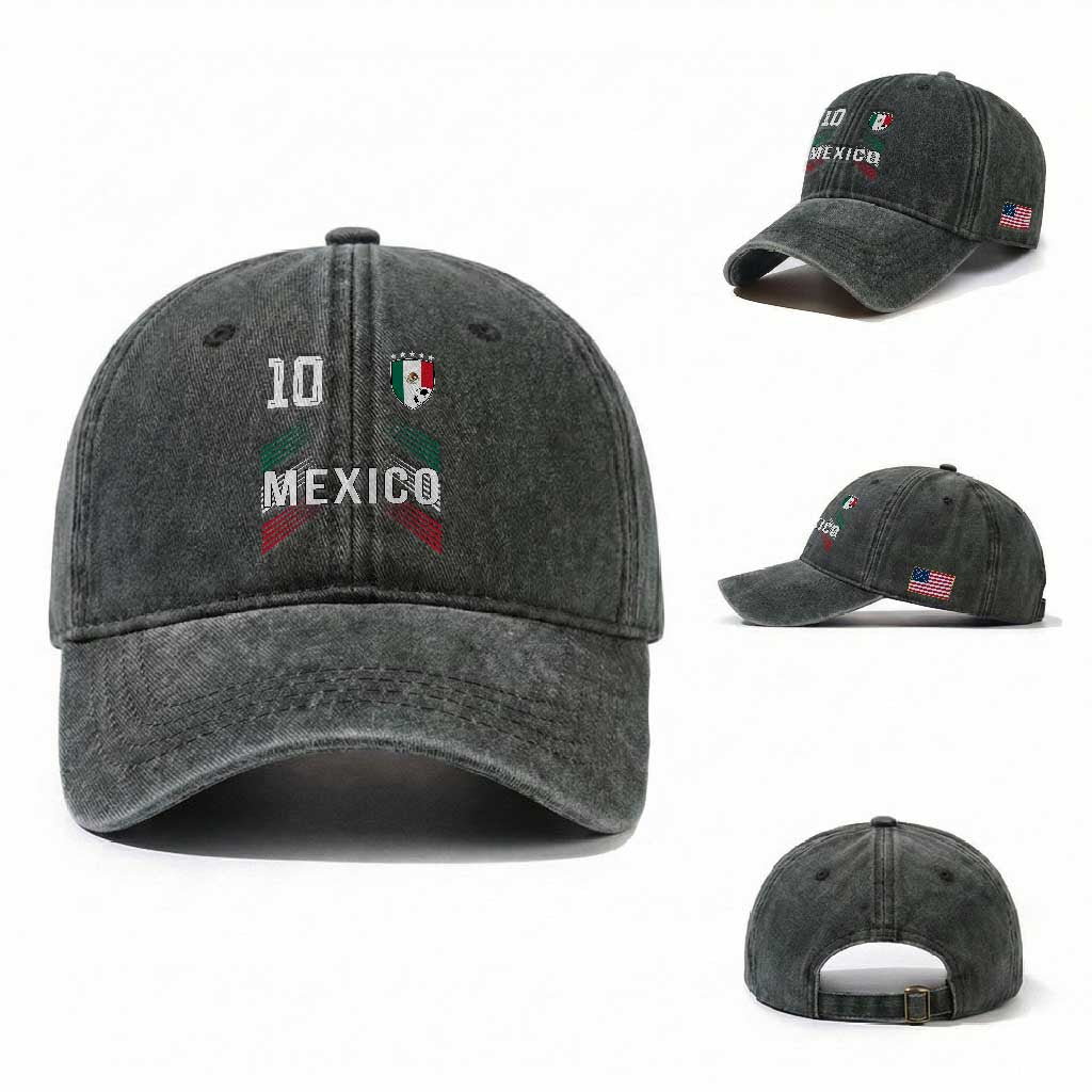 Mexico Soccer Sports Graphic Number 10 Jersey Style Washed Cotton Baseball Cap Proud Mexican Football Fans Game Day Pride TS02 Washed Cap Universal Fit Dark Green Print Your Wear