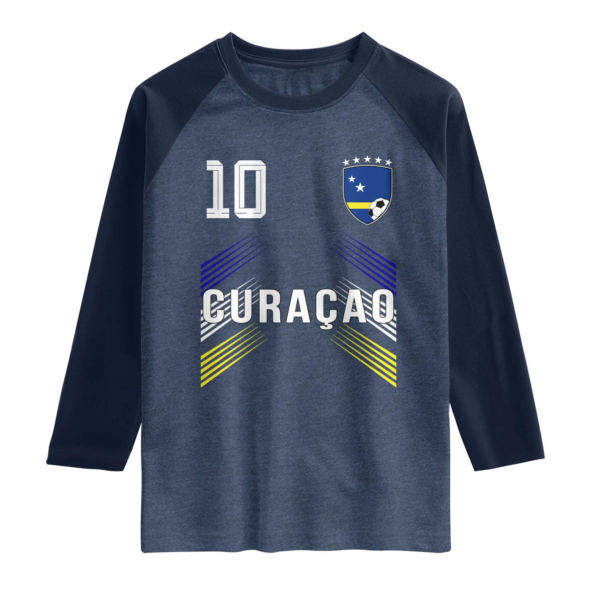 Curacao Soccer Sports Graphic Number 10 Jersey Style Raglan Shirt Proud Curaçaoans Football Fans Game Day Pride TS02 Heather Denim Navy Print Your Wear