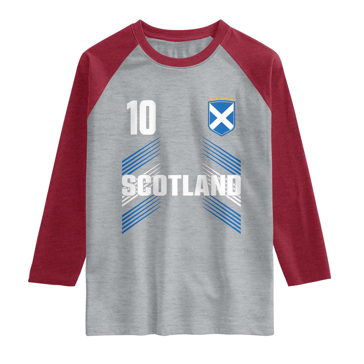 Scotland Soccer Sports Graphic Number 10 Jersey Style Raglan Shirt Proud Scottish Football Fans Game Day Pride TS02 Heather Gray Heather Red Print Your Wear