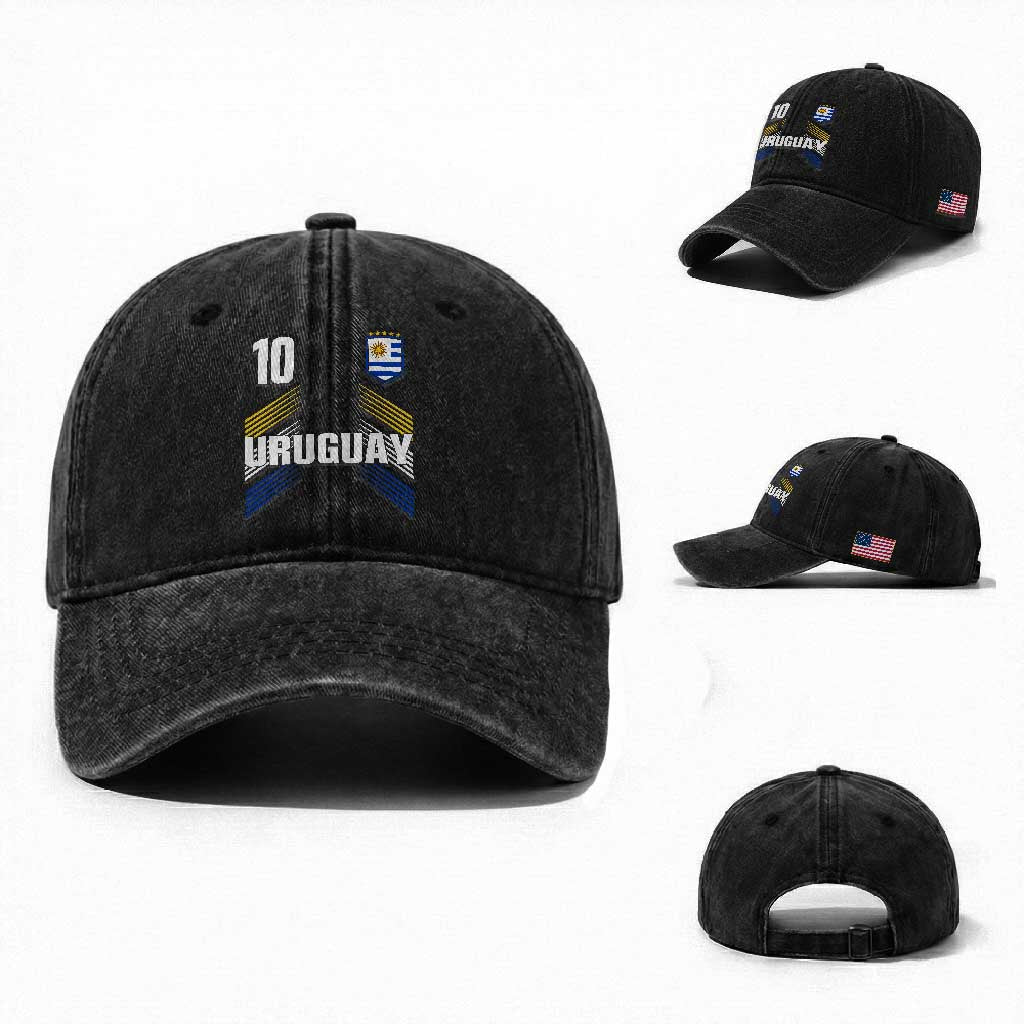 Uruguay Soccer Sports Graphic Number 10 Jersey Style Washed Cotton Baseball Cap Proud Uruguayan Football Fans Game Day Pride TS02 Washed Cap Universal Fit Black Print Your Wear