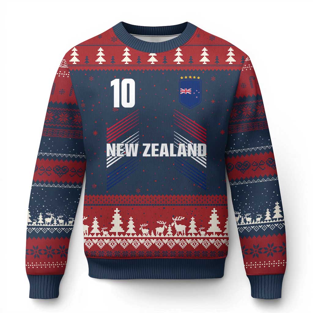 New Zealand Soccer Sports Graphic Number 10 Jersey Style Ugly Christmas Sweater Proud Kiwis Football Fans Game Day Pride TS02 Navy Red Print Your Wear
