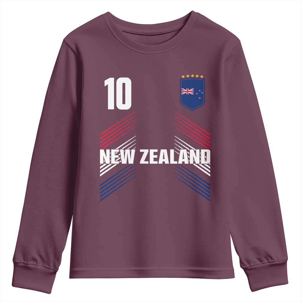 New Zealand Soccer Sports Graphic Number 10 Jersey Style Youth Sweatshirt Proud Kiwis Football Fans Game Day Pride TS02 Maroon Print Your Wear