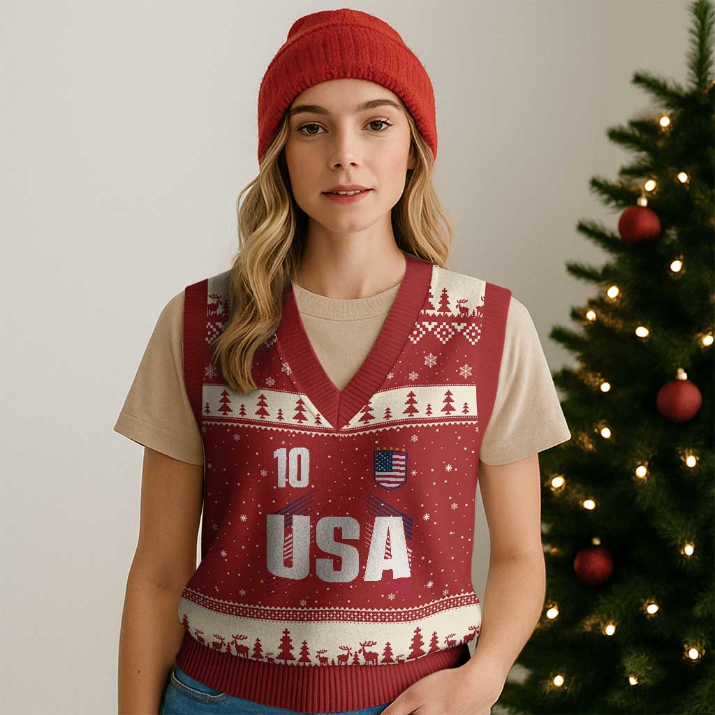 USA Soccer Sports Graphic Number 10 Jersey Style V-Neck Knit Sweater Vest Proud Fans Game Day Pride TS02 Red Beige Print Your Wear