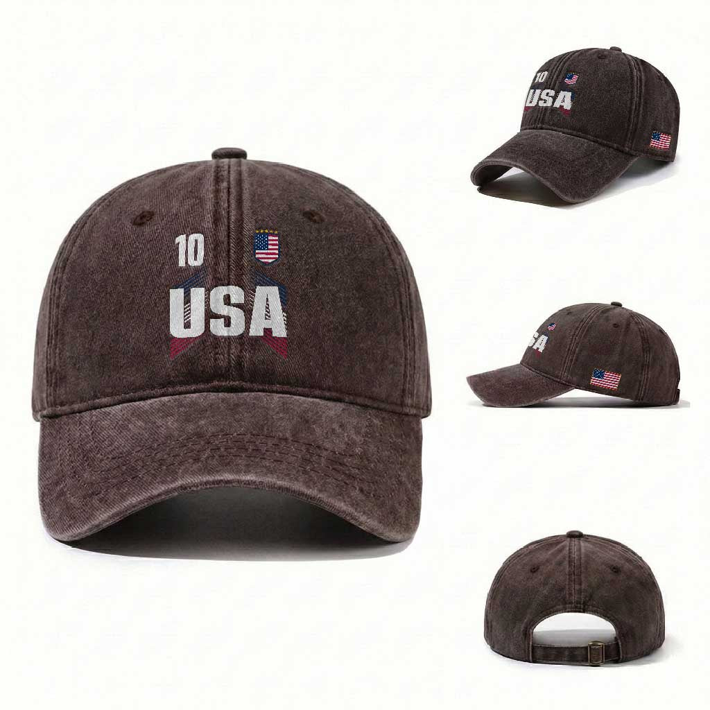 USA Soccer Sports Graphic Number 10 Jersey Style Washed Cotton Baseball Cap Proud Fans Game Day Pride TS02 Washed Cap Universal Fit Dark Brown Print Your Wear