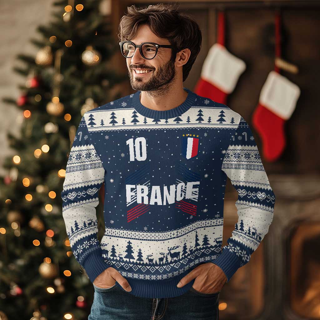 France Soccer Sports Graphic Number 10 Jersey Style Ugly Christmas Sweater Proud French Football Fans Game Day Pride TS02 Navy Beige Print Your Wear