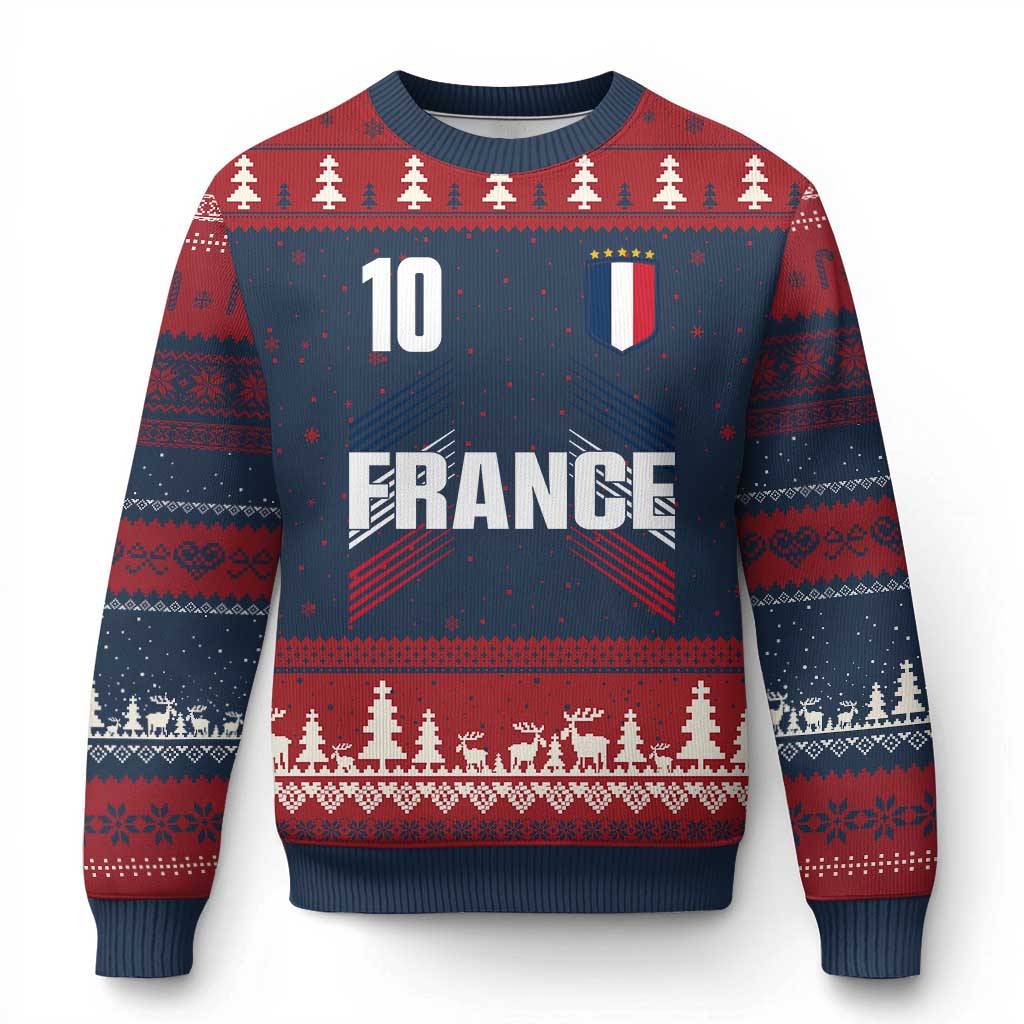 France Soccer Sports Graphic Number 10 Jersey Style Ugly Christmas Sweater Proud French Football Fans Game Day Pride TS02 Navy Red Print Your Wear
