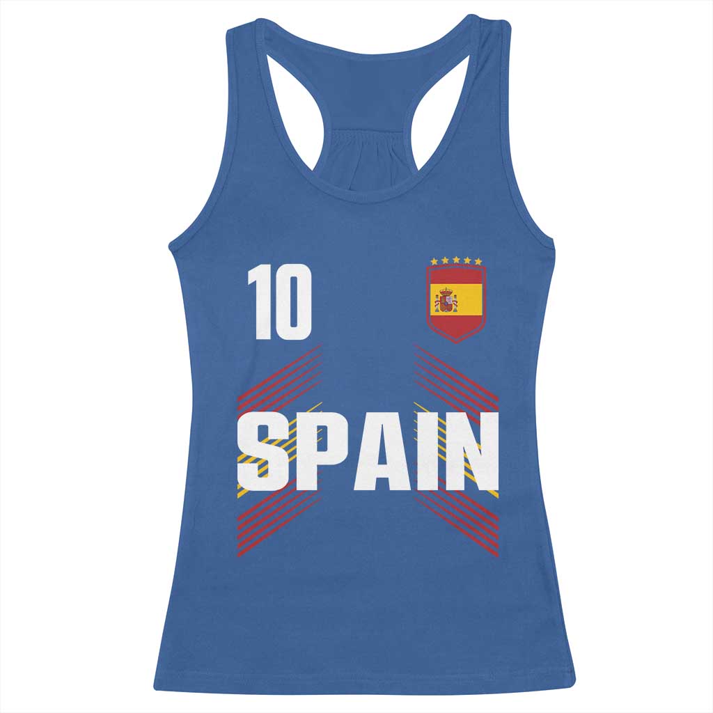 Spain Soccer Sports Graphic Number 10 Jersey Style Racerback Tank Top Proud Spanish Football Fans Game Day Pride TS02 Royal Blue Print Your Wear