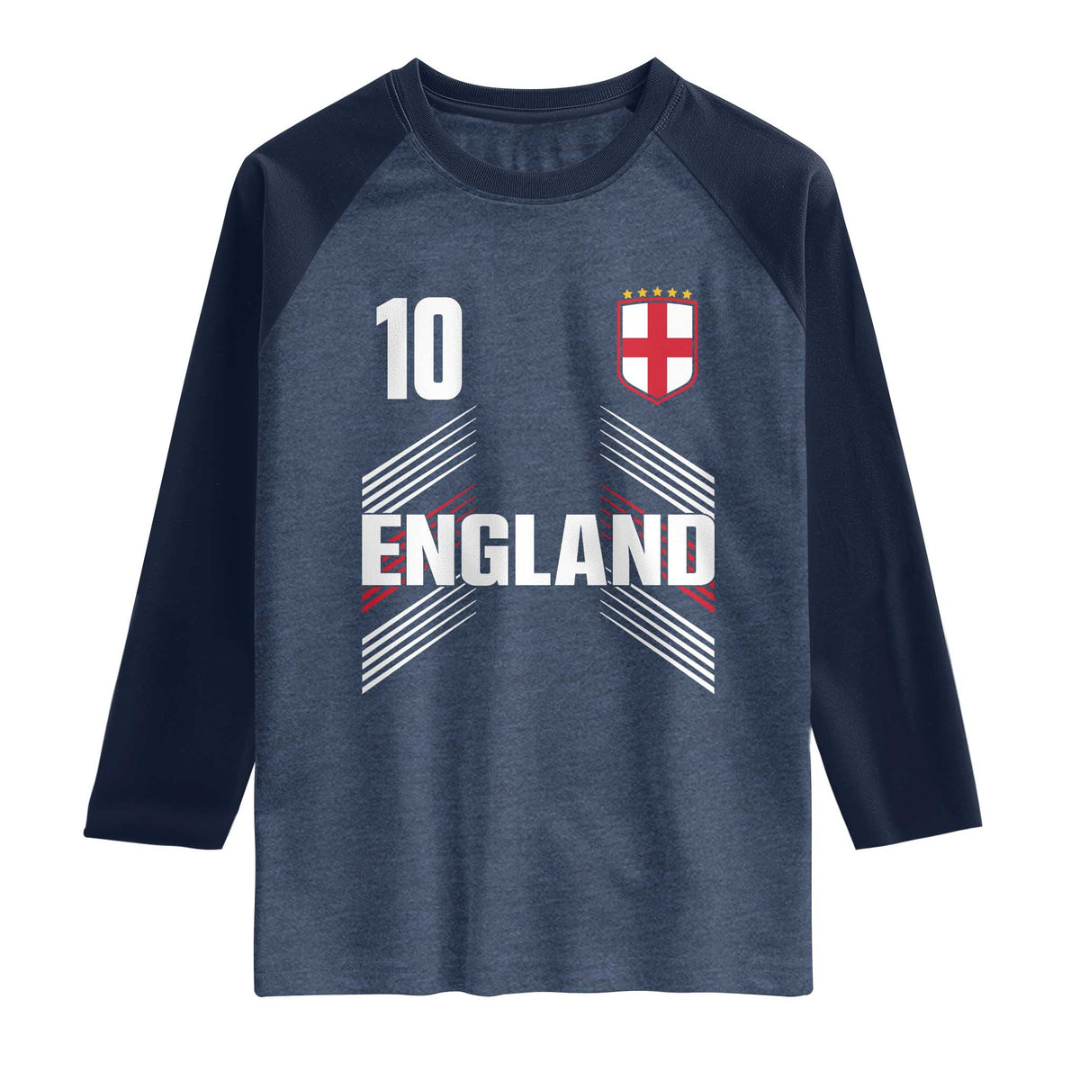 England Soccer Sports Graphic Number 10 Jersey Style Raglan Shirt Proud St George Cross Football Fans Game Day Pride TS02 Heather Denim Navy Print Your Wear