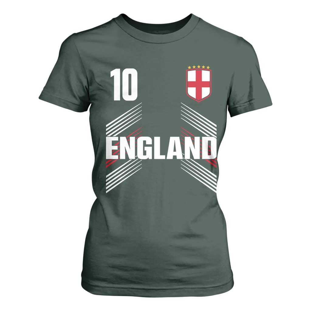 England Soccer Sports Graphic Number 10 Jersey Style T Shirt For Women Proud St George Cross Football Fans Game Day Pride TS02 Dark Forest Green Print Your Wear