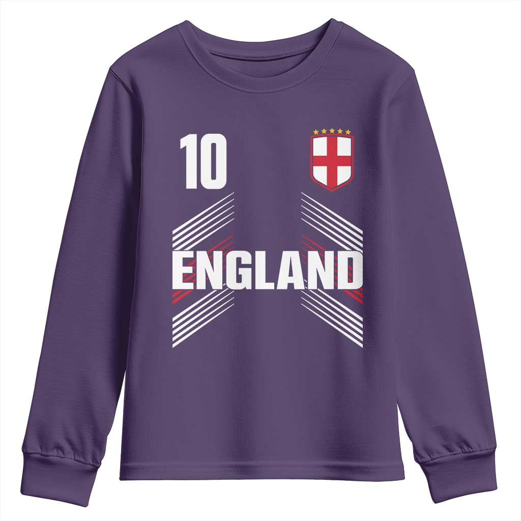 England Soccer Sports Graphic Number 10 Jersey Style Youth Sweatshirt Proud St George Cross Football Fans Game Day Pride TS02 Purple Print Your Wear