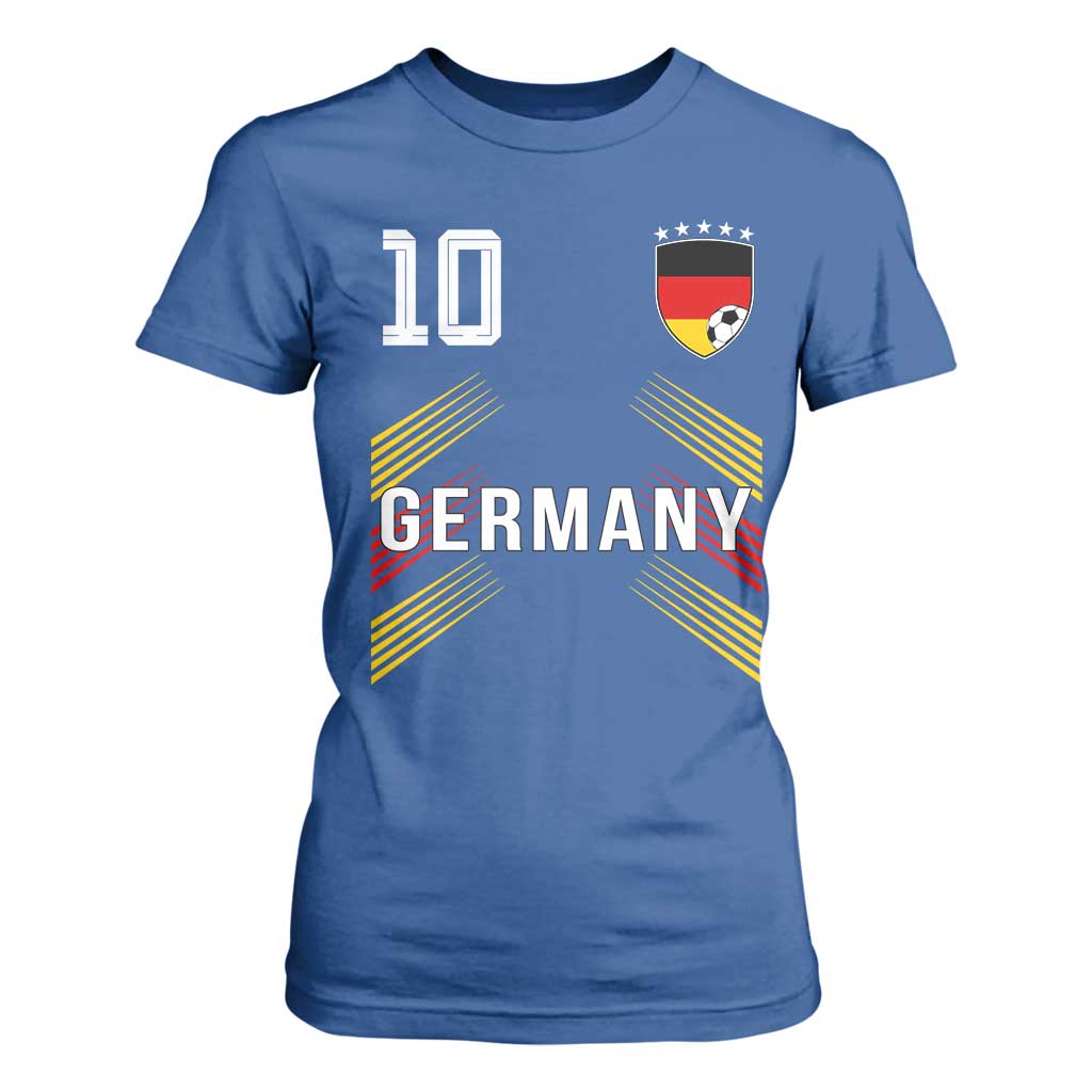 Germany Soccer Sports Graphic Number 10 Jersey Style T Shirt For Women Proud German Football Fans Game Day Pride TS02 Royal Blue Print Your Wear