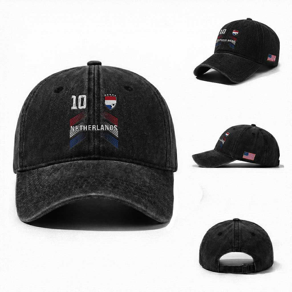 Netherlands Soccer Sports Graphic Number 10 Jersey Style Washed Cotton Baseball Cap Proud Nederlands Holland Football Fans Game Day Pride TS02 Washed Cap Universal Fit Black Print Your Wear