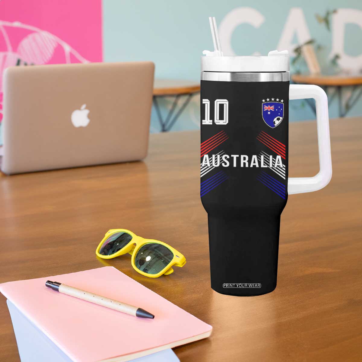 Australia Soccer Sports Graphic Number 10 Jersey Style Tumbler With Handle Proud Australian Football Fans Game Day Pride TS02 Print Your Wear