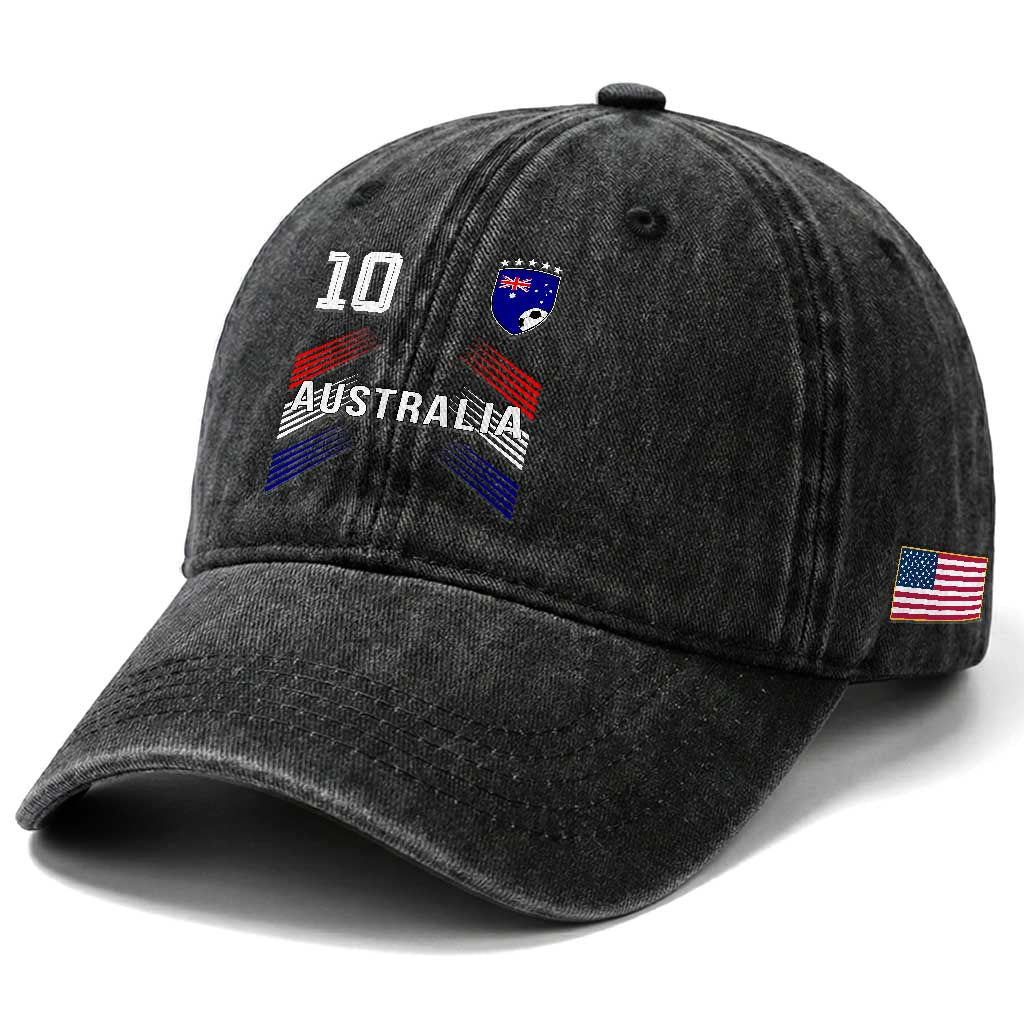 Australia Soccer Sports Graphic Number 10 Jersey Style Washed Cotton Baseball Cap Proud Australian Football Fans Game Day Pride TS02 Print Your Wear