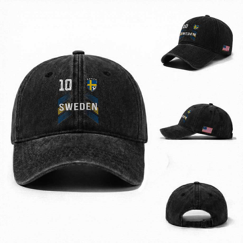 Sweden Soccer Sports Graphic Number 10 Jersey Style Washed Cotton Baseball Cap Proud Swedish Football Fans Game Day Pride TS02 Washed Cap Universal Fit Black Print Your Wear