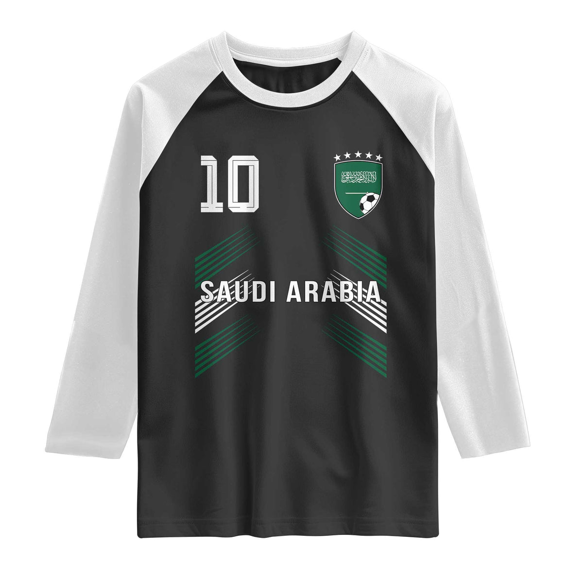 Saudi Arabia Soccer Sports Graphic Number 10 Jersey Style Raglan Shirt Proud Saudi Football Fans Game Day Pride TS02 Black White Print Your Wear