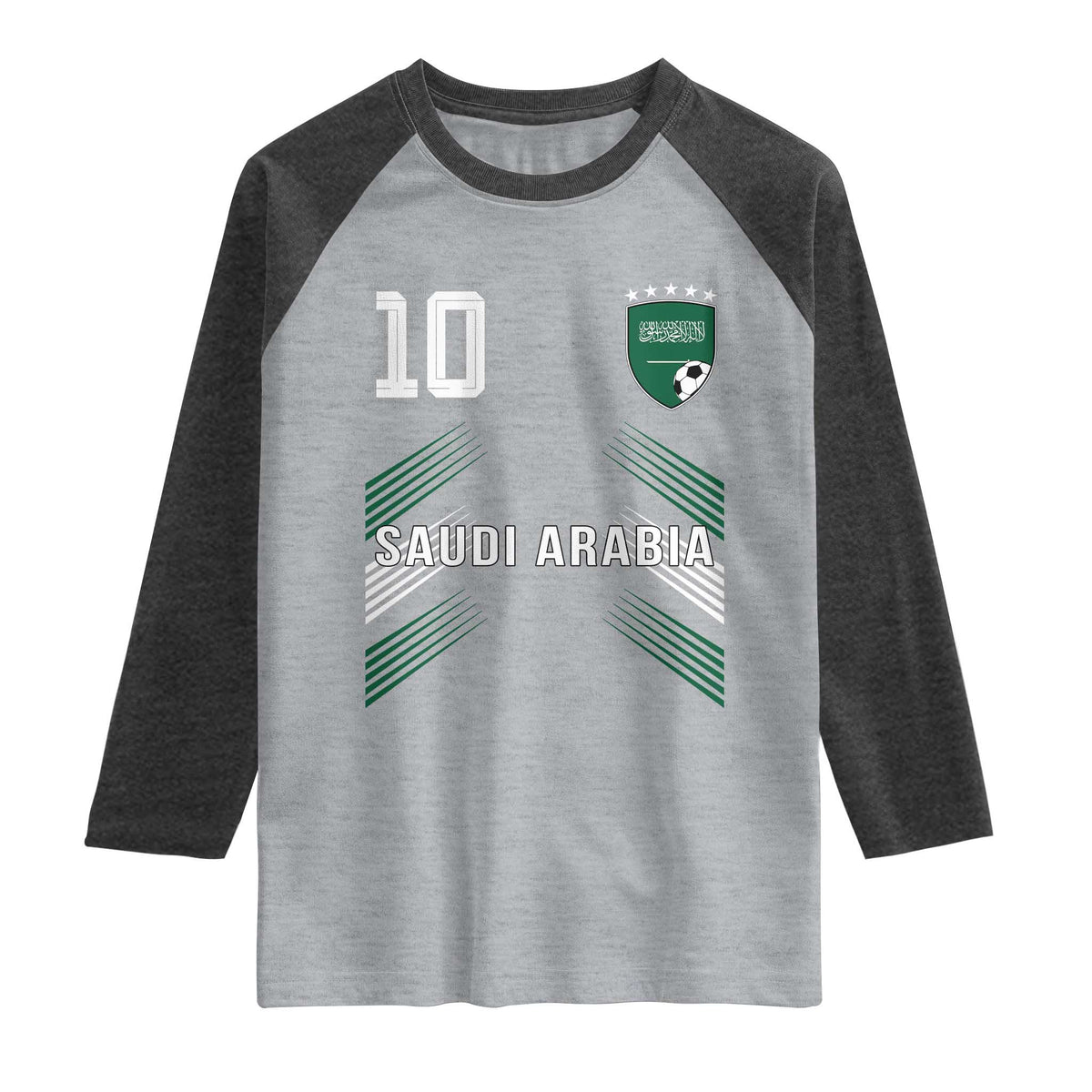 Saudi Arabia Soccer Sports Graphic Number 10 Jersey Style Raglan Shirt Proud Saudi Football Fans Game Day Pride TS02 Heather Gray Heather Charcoal Print Your Wear