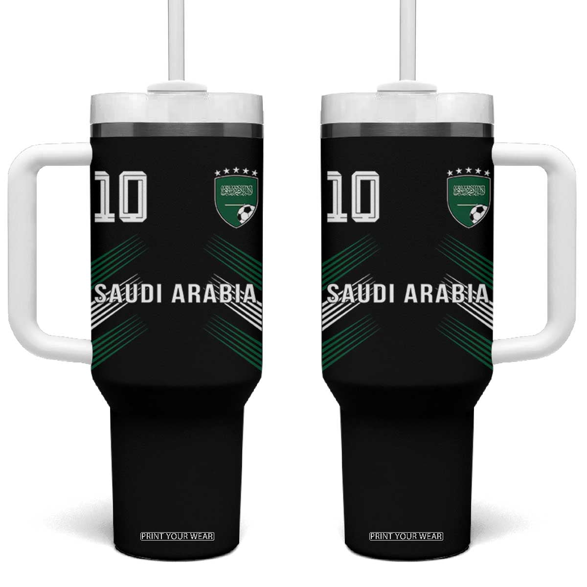 Saudi Arabia Soccer Sports Graphic Number 10 Jersey Style Tumbler With Handle Proud Saudi Football Fans Game Day Pride TS02 One Size: 40 oz Black Print Your Wear