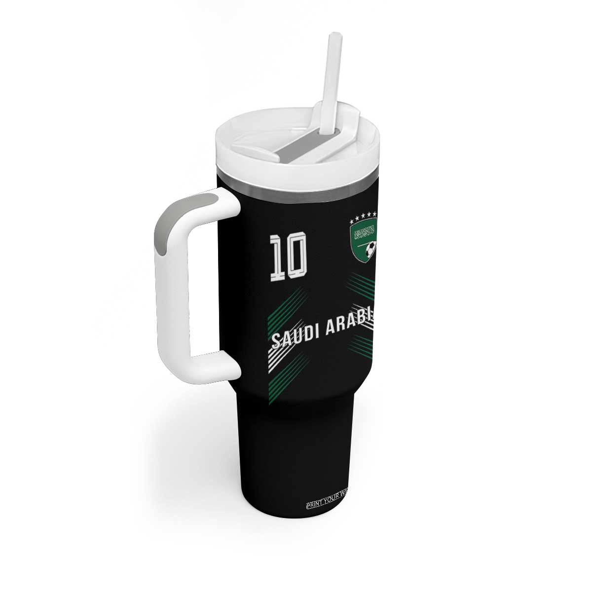 Saudi Arabia Soccer Sports Graphic Number 10 Jersey Style Tumbler With Handle Proud Saudi Football Fans Game Day Pride TS02 Print Your Wear