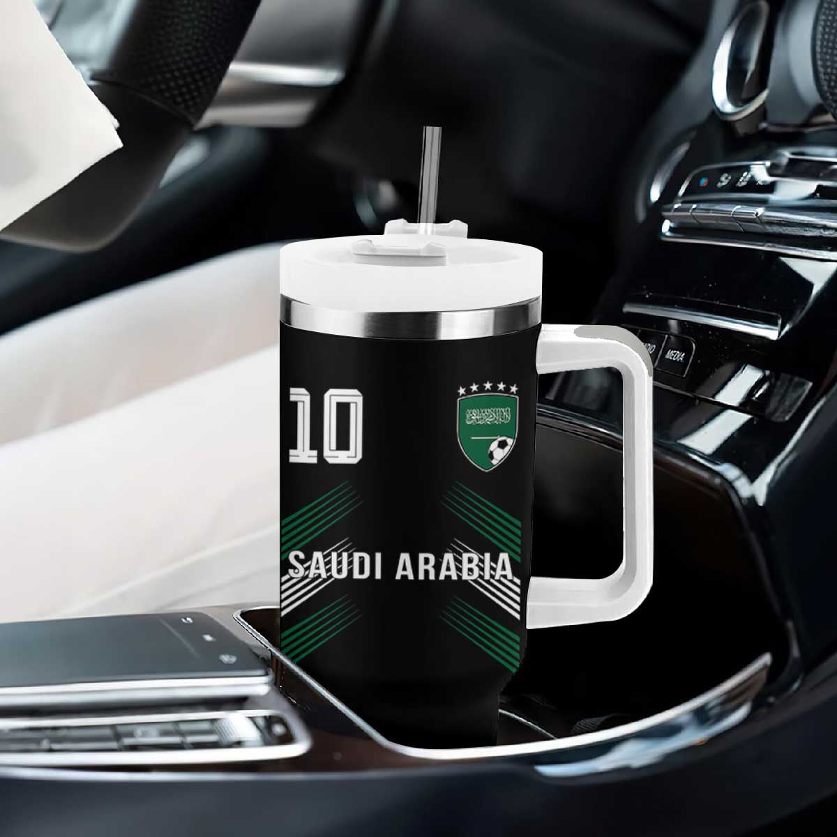Saudi Arabia Soccer Sports Graphic Number 10 Jersey Style Tumbler With Handle Proud Saudi Football Fans Game Day Pride TS02 Print Your Wear