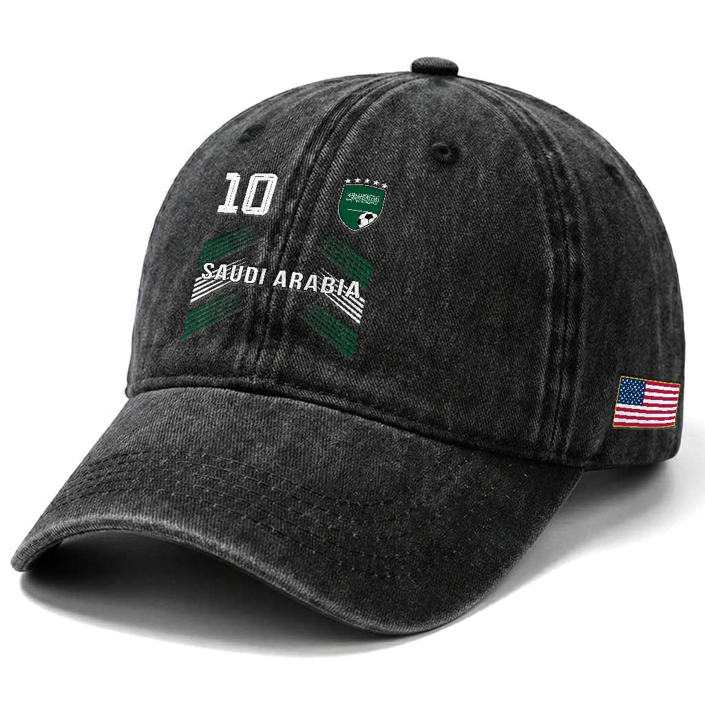 Saudi Arabia Soccer Sports Graphic Number 10 Jersey Style Washed Cotton Baseball Cap Proud Saudi Football Fans Game Day Pride TS02 Print Your Wear