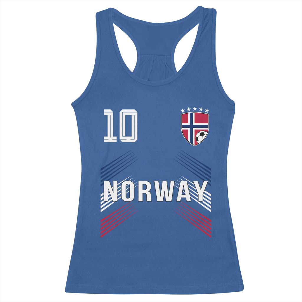 Norway Soccer Sports Graphic Number 10 Jersey Style Racerback Tank Top Proud Norwegian Football Fans Game Day Pride TS02 Royal Blue Print Your Wear