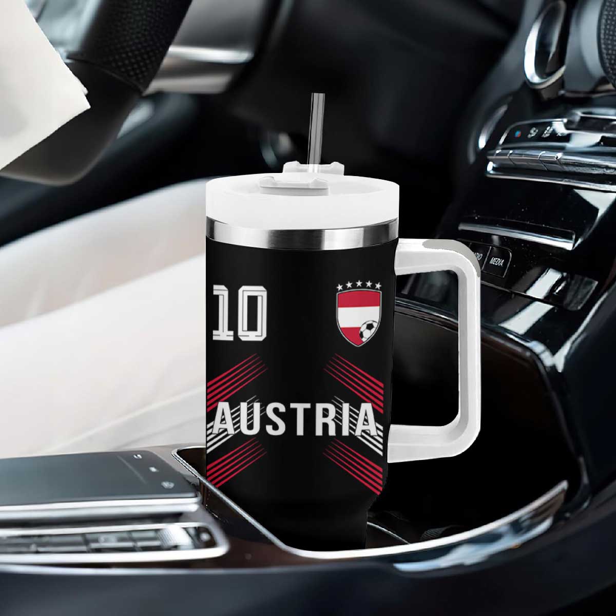 Austria Soccer Sports Graphic Number 10 Jersey Style Tumbler With Handle Proud Austrian Football Fans Game Day Pride TS02 Print Your Wear