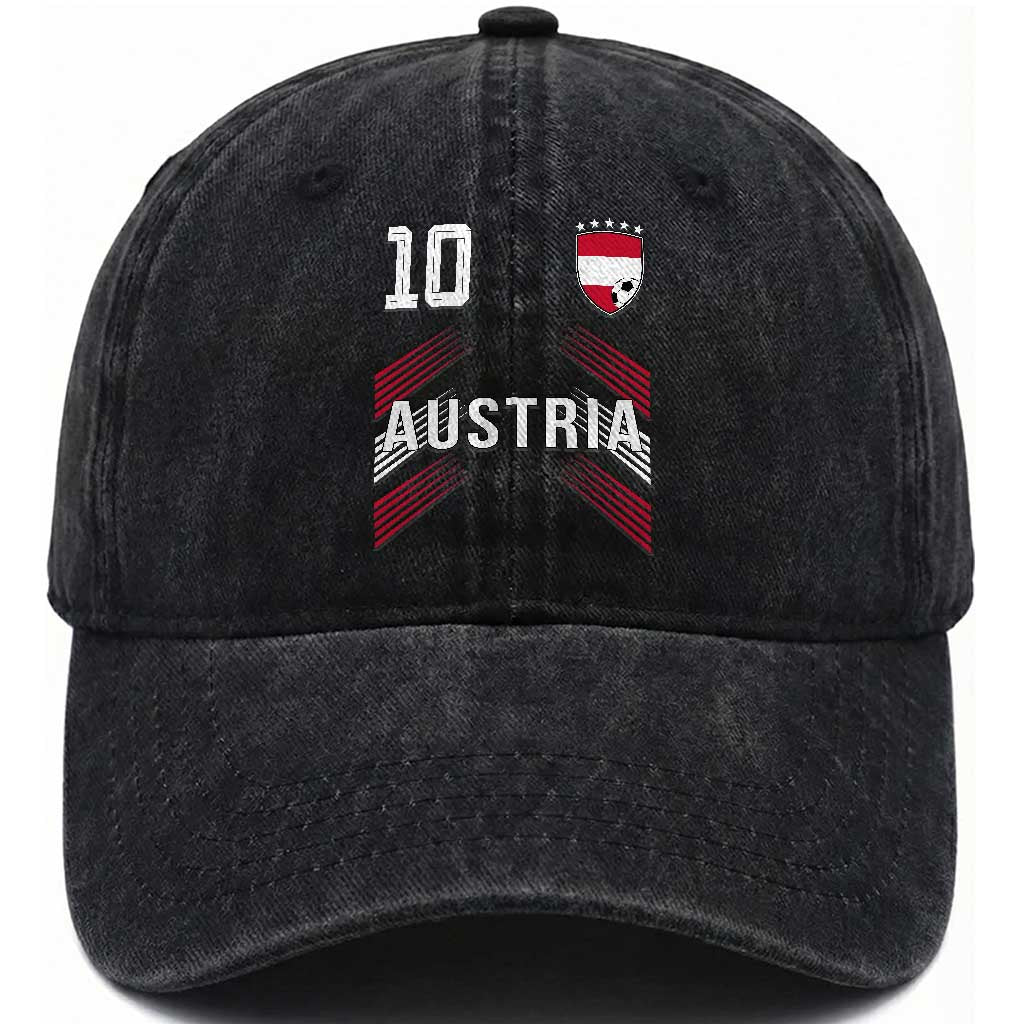 Austria Soccer Sports Graphic Number 10 Jersey Style Washed Cotton Baseball Cap Proud Austrian Football Fans Game Day Pride TS02 Print Your Wear