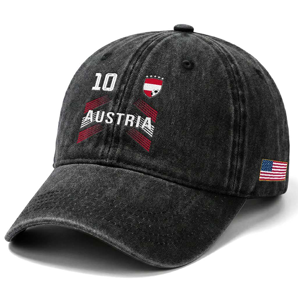 Austria Soccer Sports Graphic Number 10 Jersey Style Washed Cotton Baseball Cap Proud Austrian Football Fans Game Day Pride TS02 Print Your Wear