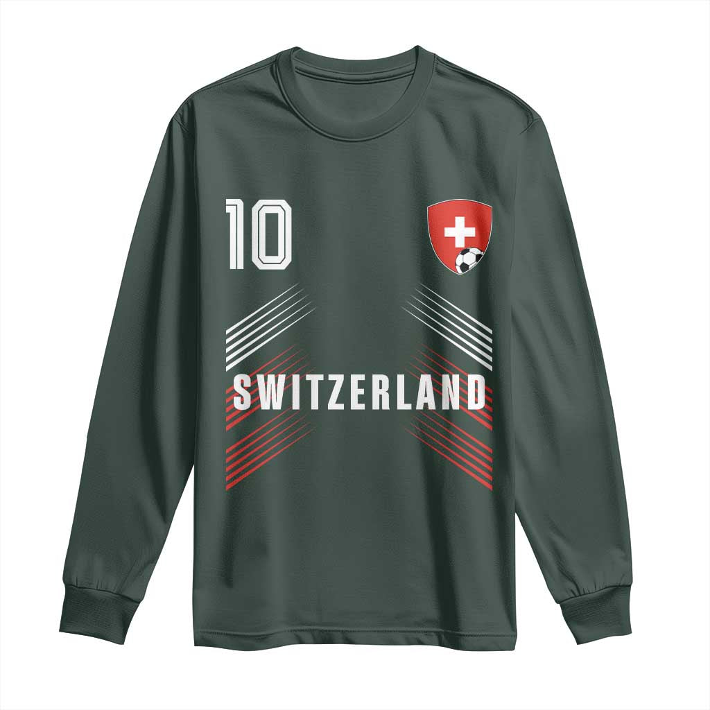 Switzerland Soccer Sports Graphic Number 10 Jersey Style Long Sleeve Shirt Proud Swiss Football Fans Game Day Pride TS02 Dark Forest Green Print Your Wear