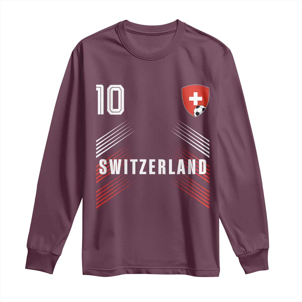 Switzerland Soccer Sports Graphic Number 10 Jersey Style Long Sleeve Shirt Proud Swiss Football Fans Game Day Pride TS02 Maroon Print Your Wear