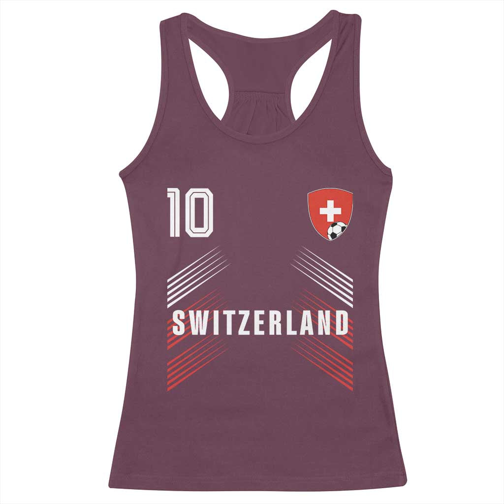 Switzerland Soccer Sports Graphic Number 10 Jersey Style Racerback Tank Top Proud Swiss Football Fans Game Day Pride TS02 Maroon Print Your Wear
