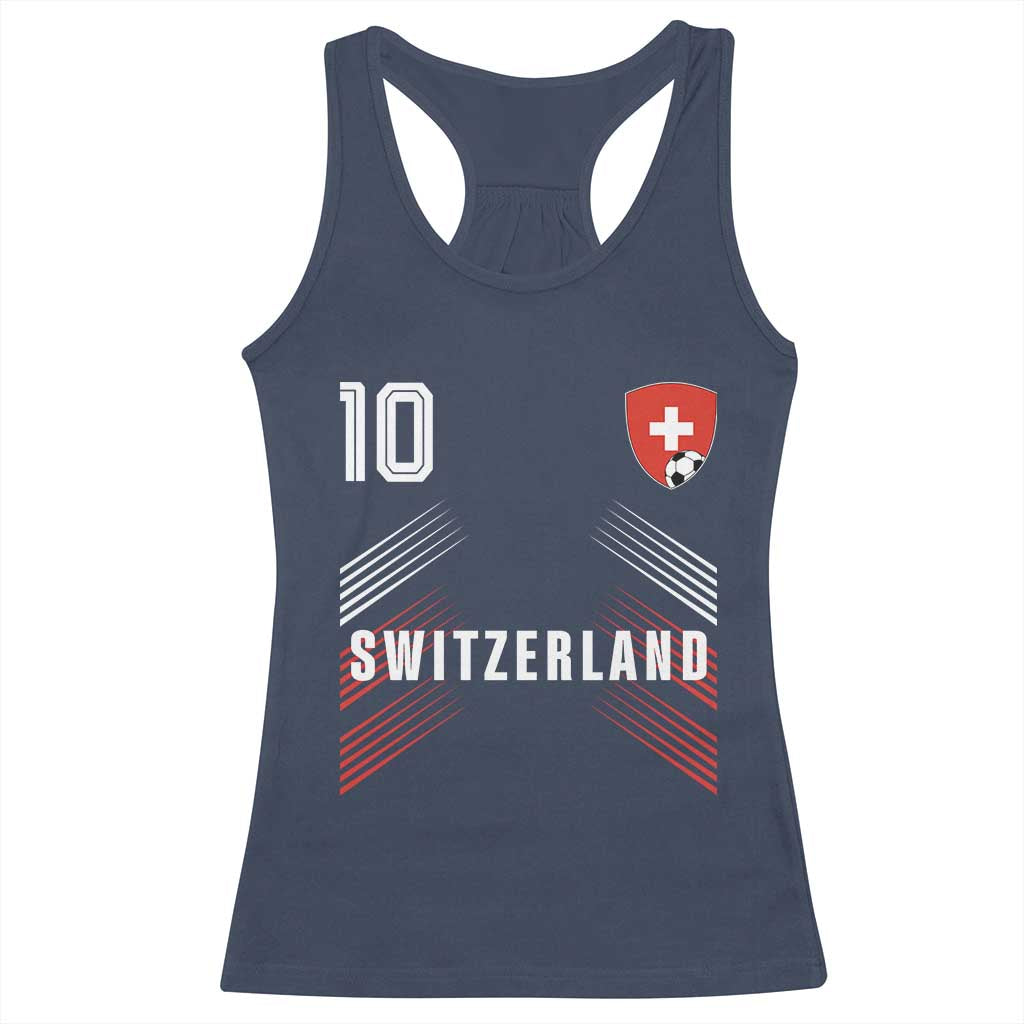 Switzerland Soccer Sports Graphic Number 10 Jersey Style Racerback Tank Top Proud Swiss Football Fans Game Day Pride TS02 Navy Print Your Wear