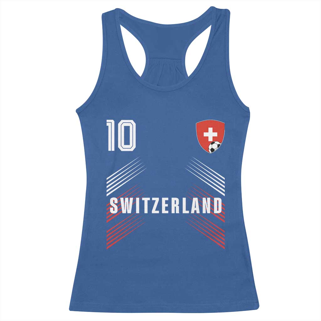 Switzerland Soccer Sports Graphic Number 10 Jersey Style Racerback Tank Top Proud Swiss Football Fans Game Day Pride TS02 Royal Blue Print Your Wear