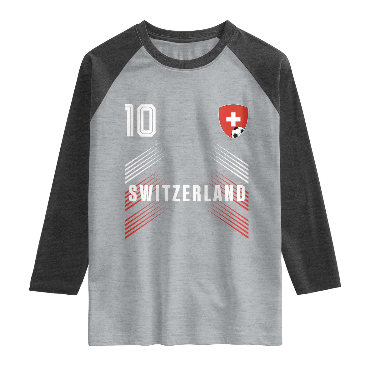 Switzerland Soccer Sports Graphic Number 10 Jersey Style Raglan Shirt Proud Swiss Football Fans Game Day Pride TS02 Heather Gray Heather Charcoal Print Your Wear