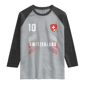 Switzerland Soccer Sports Graphic Number 10 Jersey Style Raglan Shirt Proud Swiss Football Fans Game Day Pride TS02 Heather Gray Heather Charcoal Print Your Wear